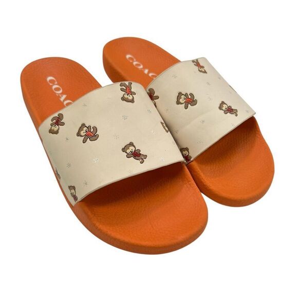 Coach Teddy Bear Udele Pool Slide Sandals Orange/Beige Size 9B - Picture 2 of 8